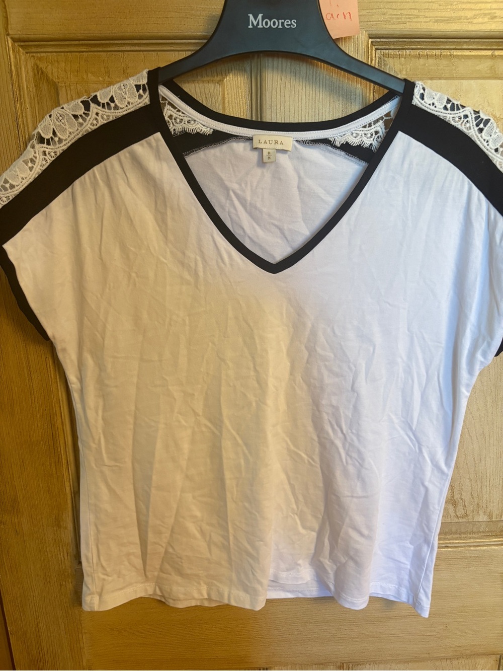 Laura White V-Neck Top with Black Trim and Lace Shoulders